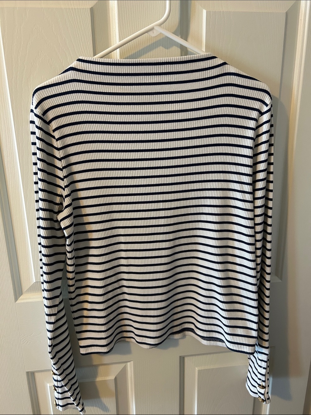 J. Crew Navy and White Ribbed Boatneck Long-Sleeve Top